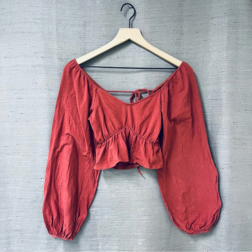 Altar’d State Blush Long Peasant Puff Sleeve Crop top with Tie Back Size Small